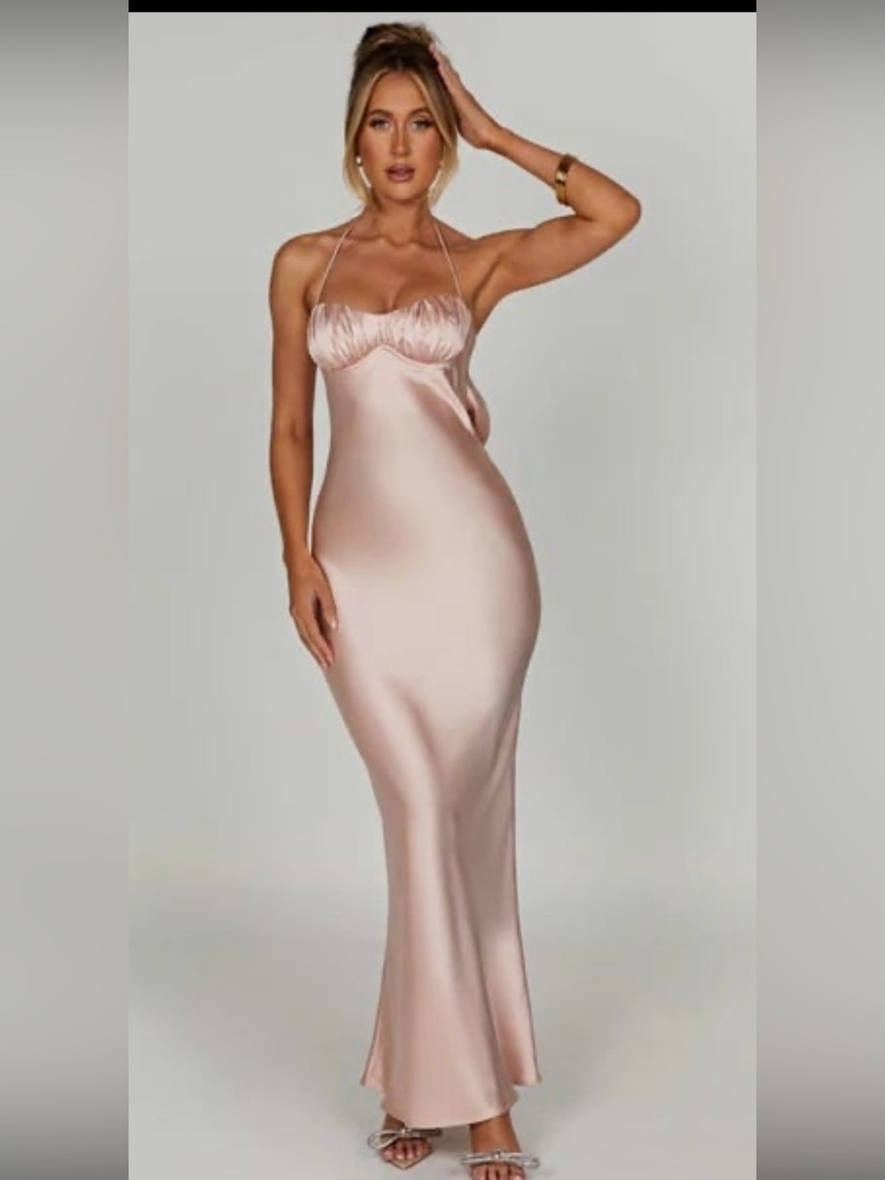 Elegant Blush Pink Satin Halter Maxi Dress